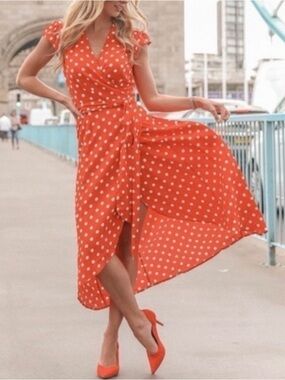 Polka Dot Wrap Midi Dress Orange White High Low Flutter Sleeve 
Size Small